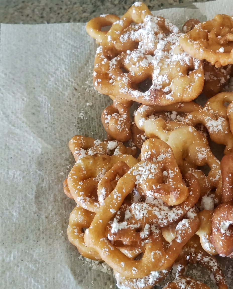 Basic ingredients for funnel cake including flour milk eggs and sugar on a wooden counter