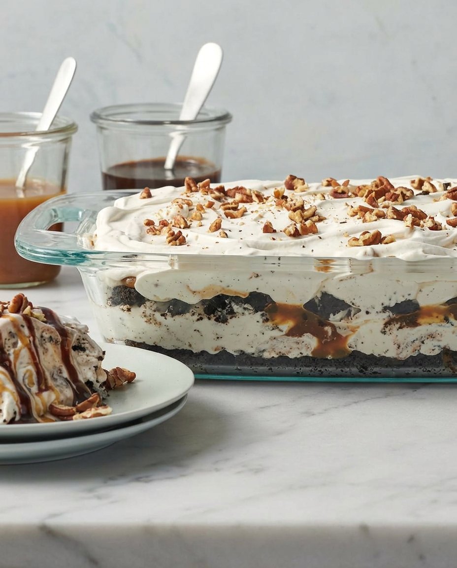 A round ice cream cake made with vertical ice cream sandwiches around the edge and colorful toppings