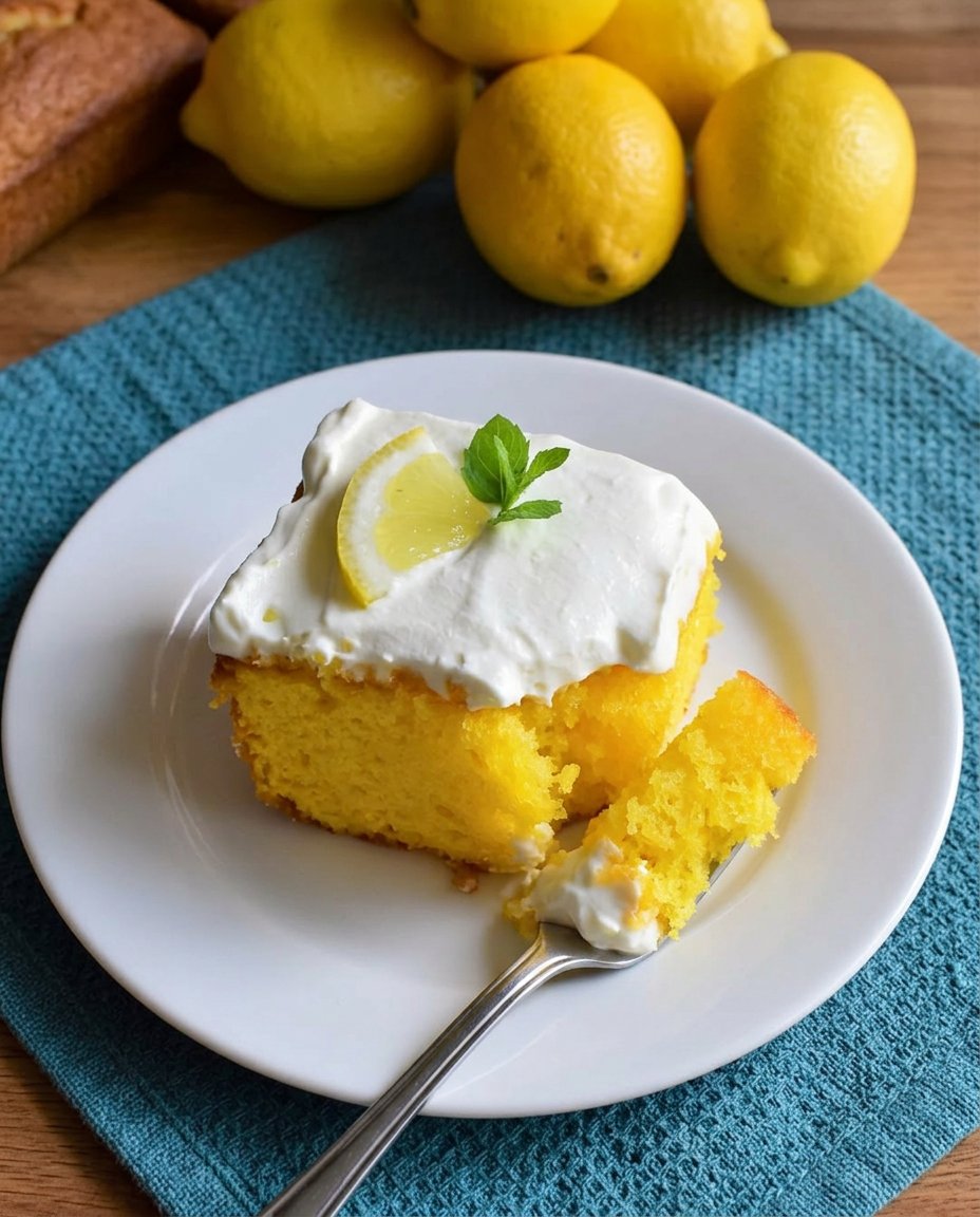 Slice of easy lemon poke cake topped with whipped cream and fresh berries