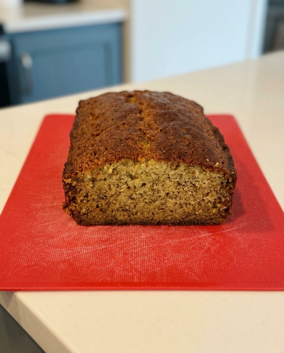 A thick slice of banana coffee cake served next to a hot cup of black coffee