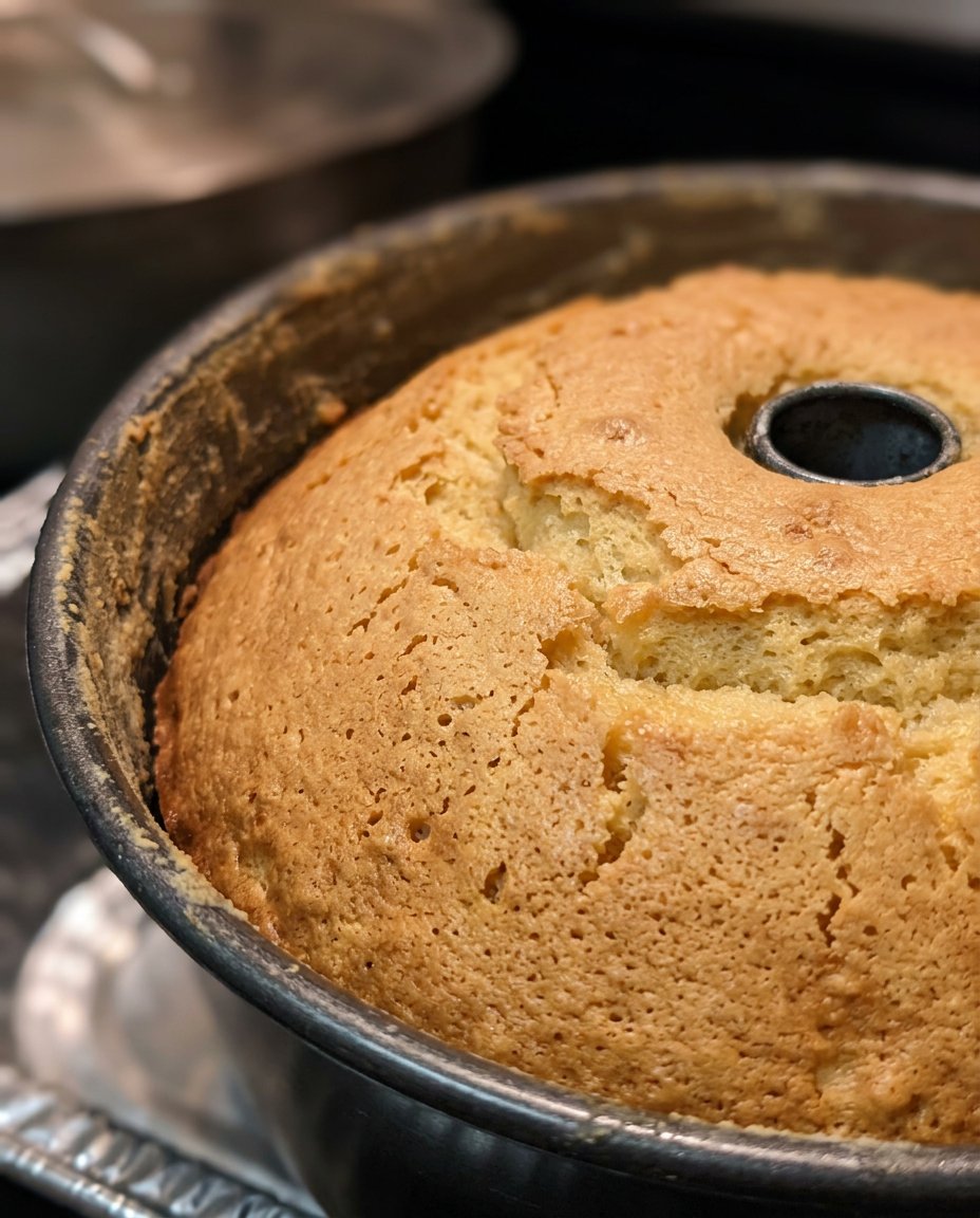 A slice of 7 Up Cake on a plate with fresh strawberries and a sprig of mint