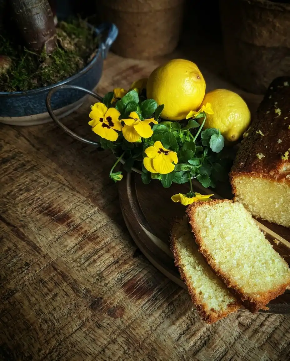 A thick slice of lemon drizzle cake served on a plate with a cup of tea