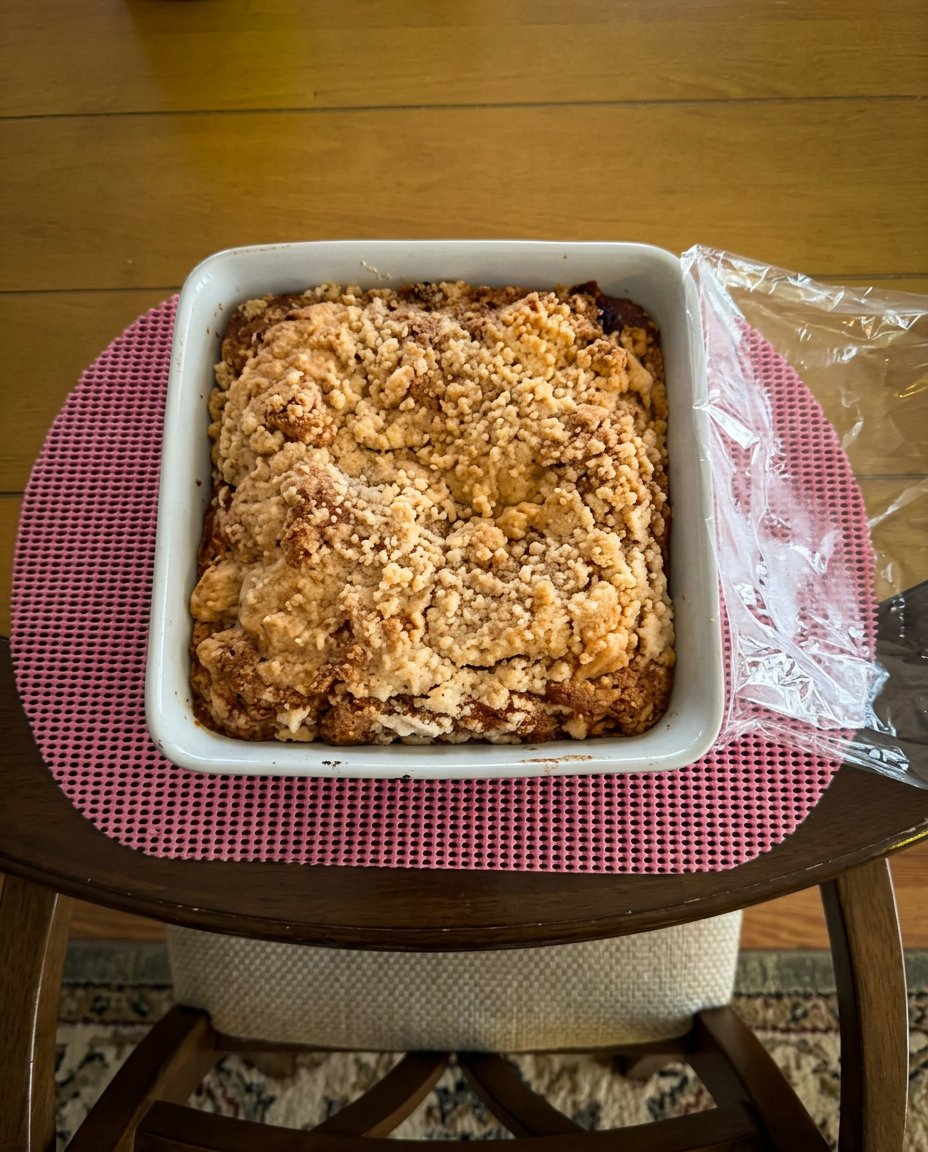 A square slice of strawberry rhubarb cake served with a scoop of vanilla ice cream