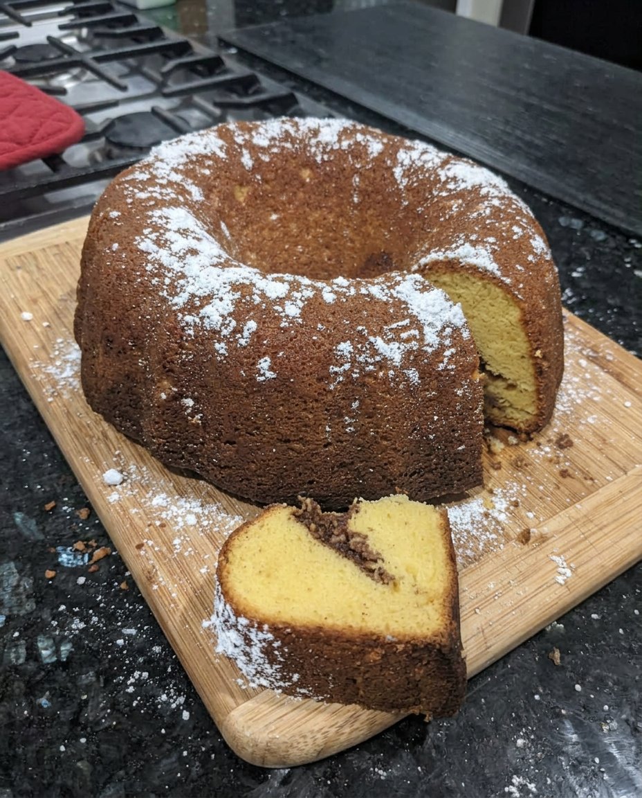A slice of Sock It To Me Cake showing the beautiful cinnamon pecan swirl in the center