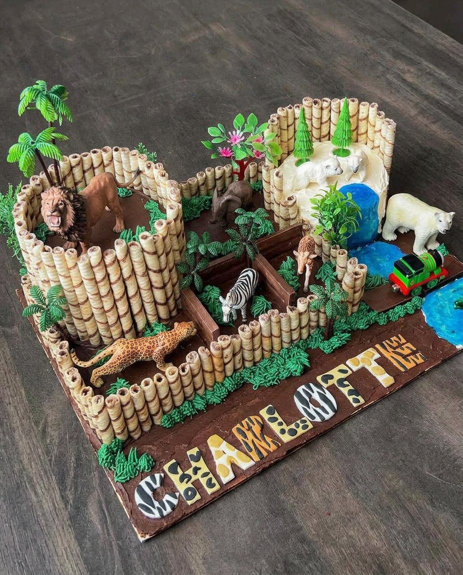 A slice of animal cake showing internal stripes served on a plate