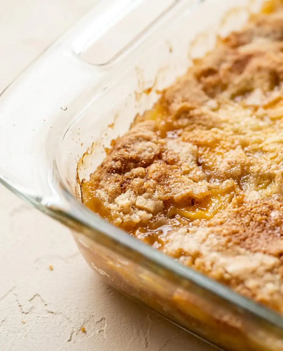 3-Ingredient Peach Cobbler Dump Cake 12 A golden brown 3-Ingredient Peach Cobbler Dump Cake fresh from the oven in a glass dish.