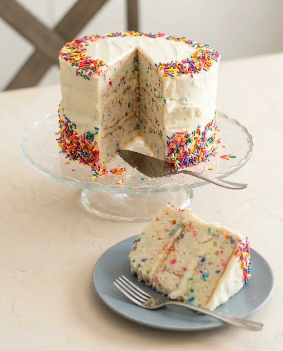 A clean slice of Funfetti Birthday Layer Cake showing the interior sprinkle distribution.