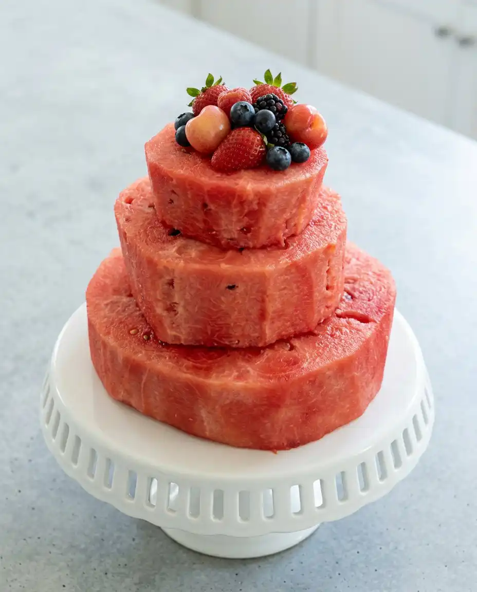 A single slice of Fresh Watermelon Layer Cake served on a small plate.