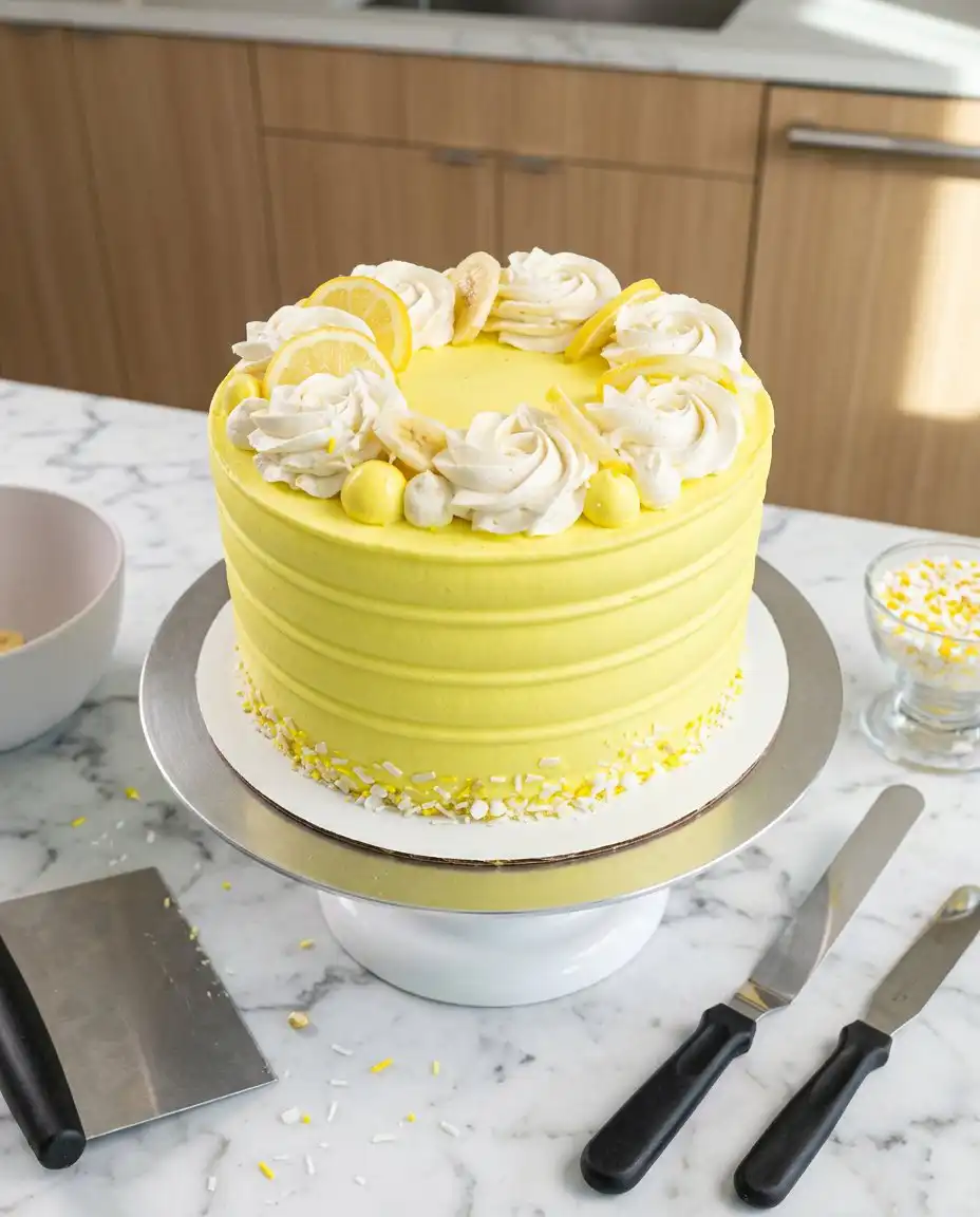 A slice of banana pudding layer cake showing the internal pudding and banana layers.