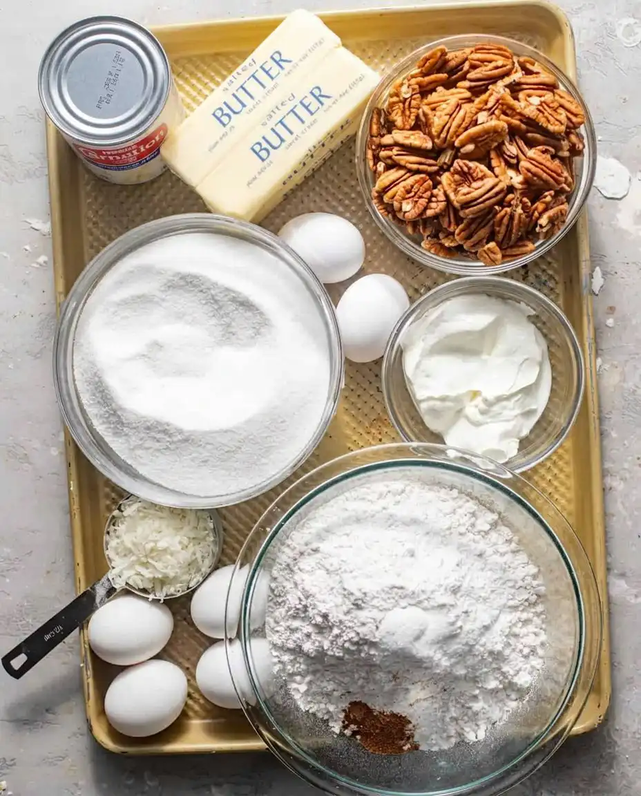 Ingredients for chocolate caramel toffee crunch cake including cake mix and caramel