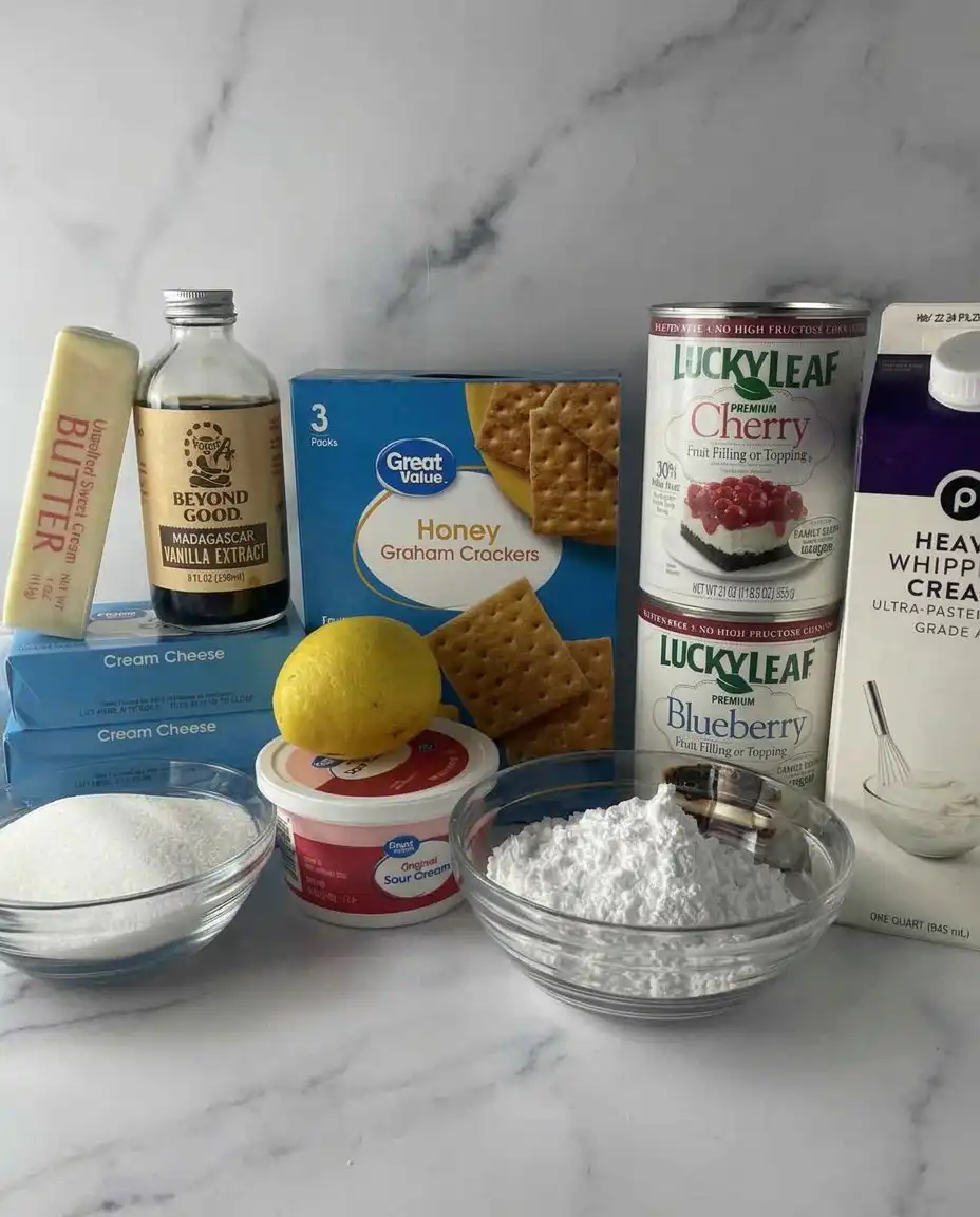 Graham cracker crumbs, cream cheese blocks, heavy cream, and canned fruit fillings arranged on a kitchen counter.