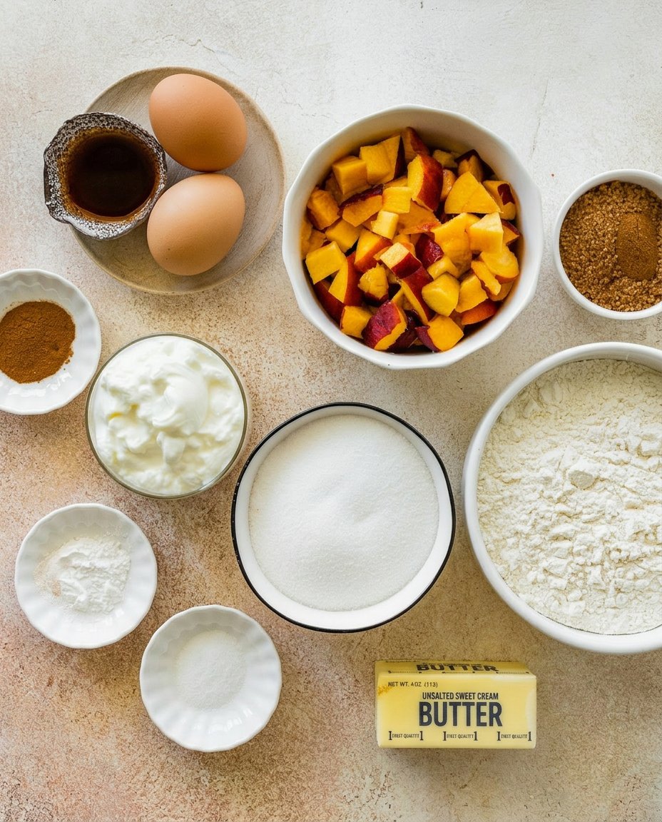 Ingredients for peach cake including peaches flour butter and sour cream
