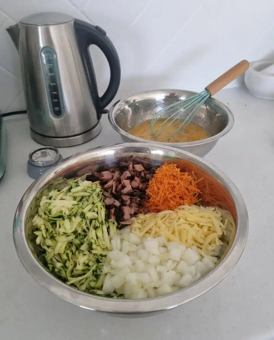 Fresh zucchini sliced next to eggs parmesan cheese and baking mix