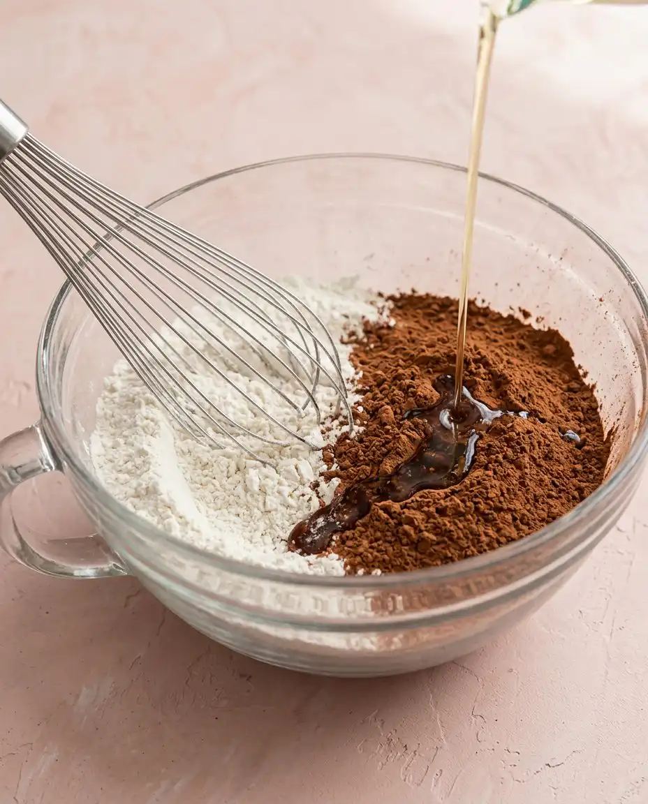 Devil's Food Layer Cake 15 Whisking hot coffee into cocoa powder for a Devil's Food Layer Cake.