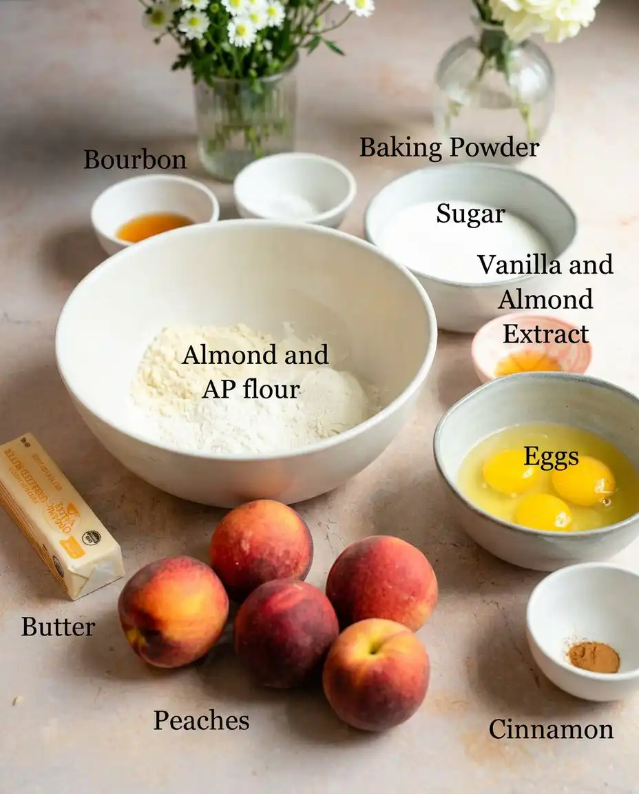 Fresh peaches, bourbon, butter, and flour on a kitchen counter
