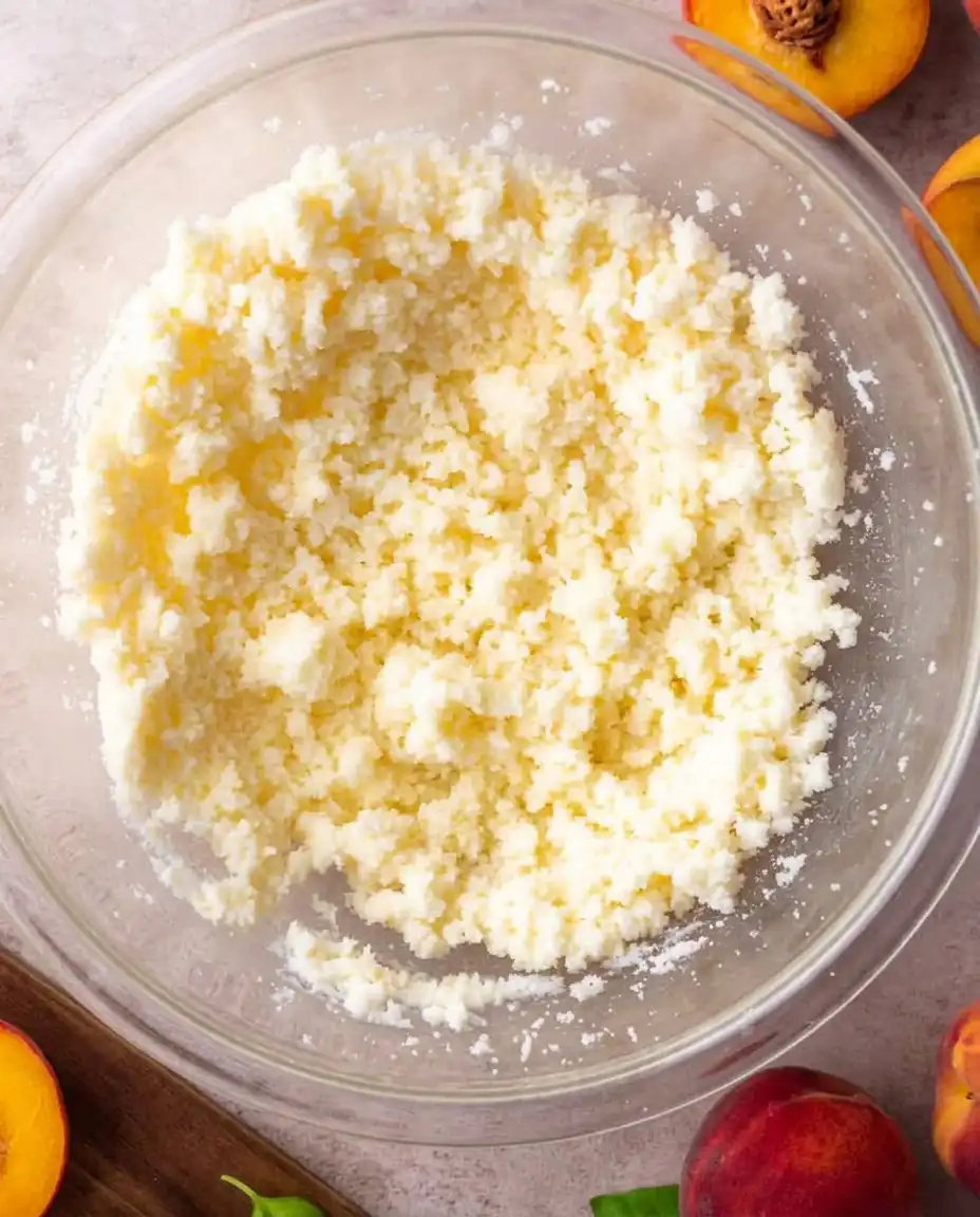 A hand brushing egg wash over the top crust of a peach cobbler.