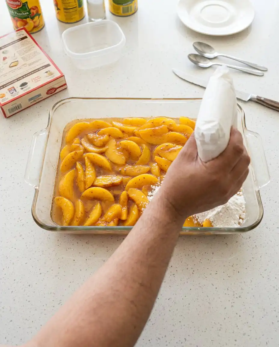Uniform slices of butter covering the top of a Peach Cobbler with Yellow Cake Mix before baking.