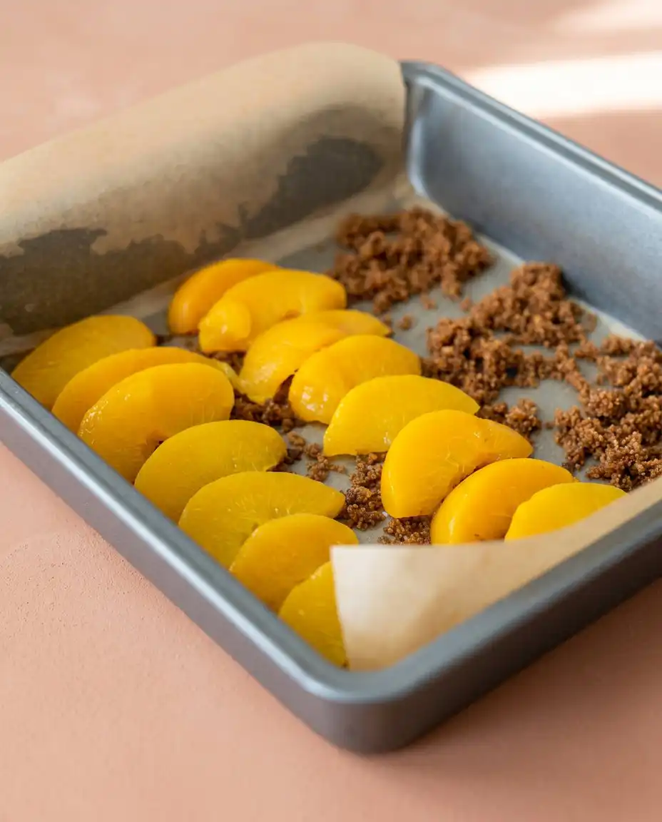 Brown Sugar Peach Upside Down Cake 15 Spreading vanilla cake batter over a layer of peaches for Brown Sugar Peach Upside Down Cake.