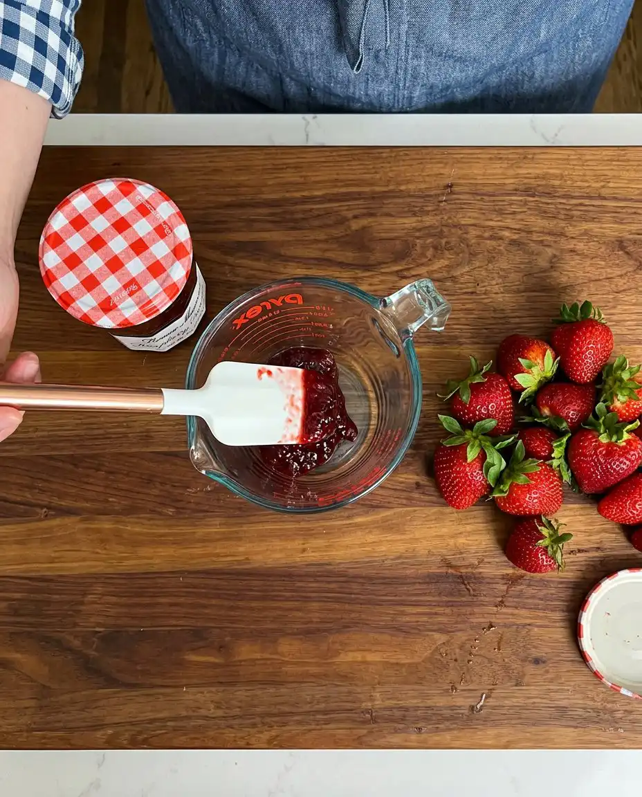 Pantry staples like flour sugar and berries for cake
