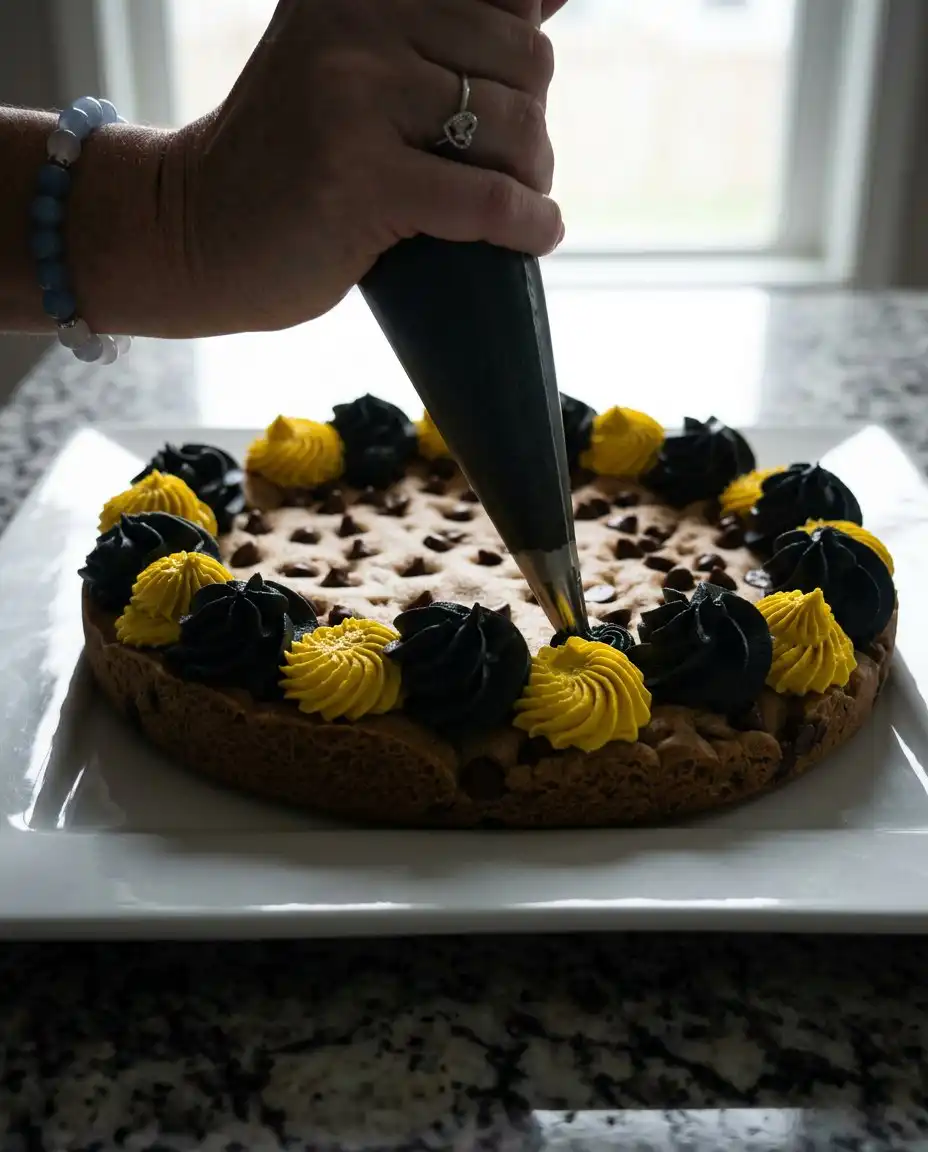 Frosting a chewy cookie cake with an offset spatula for a clean finish