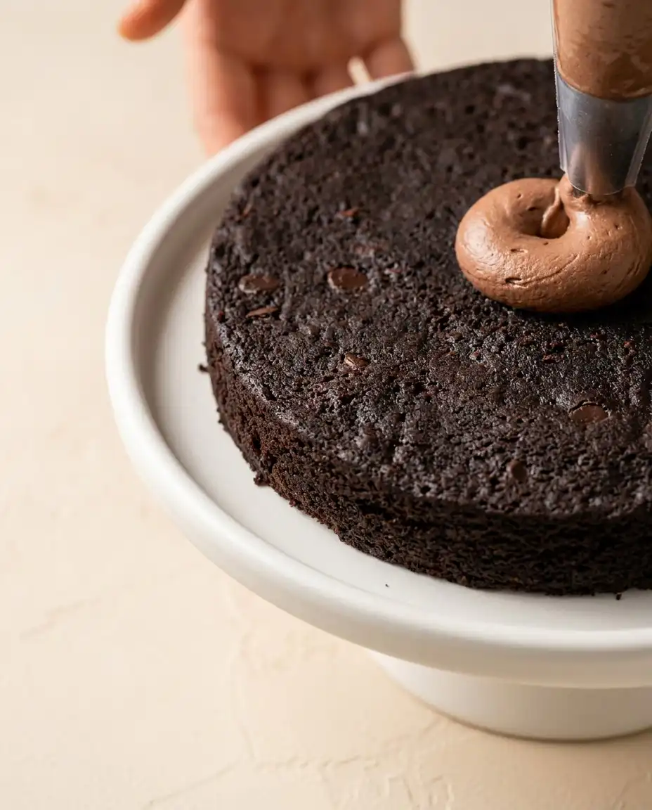 A bowl of fluffy chocolate buttercream for a Classic Chocolate Zucchini Cake.