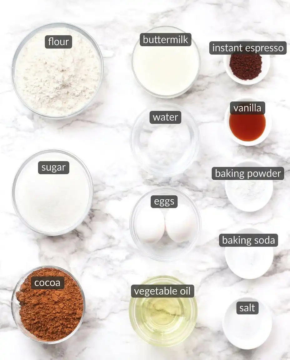 Baking ingredients like cocoa powder, flour, and sugar on a counter