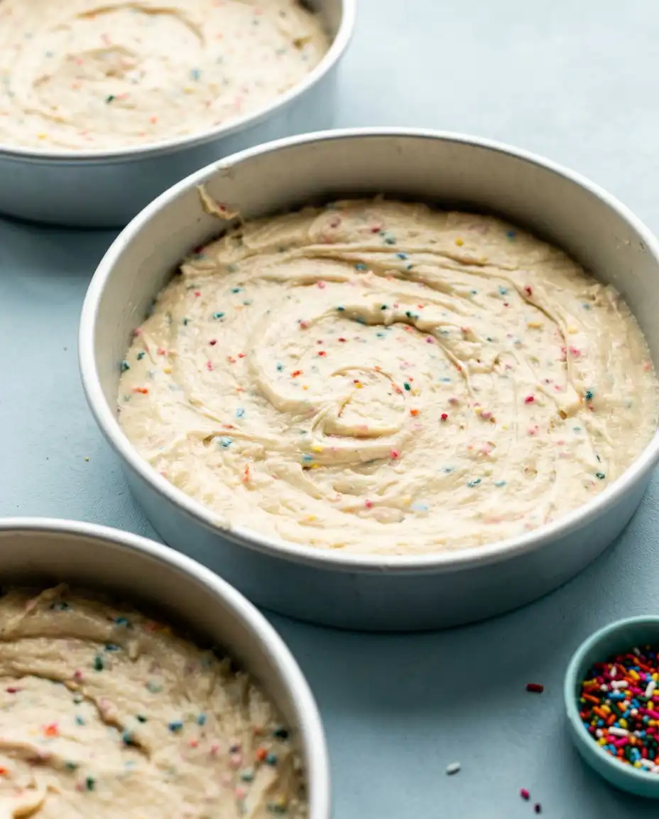 Ingredients for a Funfetti Birthday Layer Cake including cake flour and colorful jimmies.