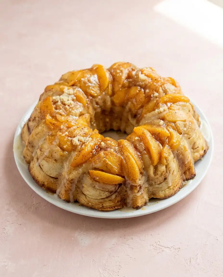Cream Cheese Peach Cobbler Pound Cake 12 A golden brown Cream Cheese Peach Cobbler Pound Cake drizzled with white glaze on a white plate.