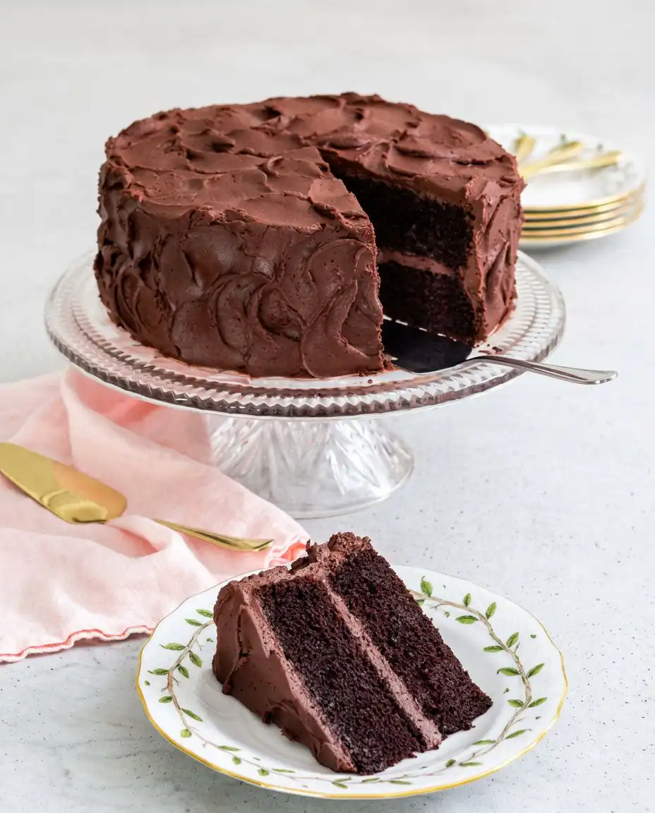 Devil's Food Layer Cake 12 A rich and moist Devil's Food Layer Cake with dark chocolate frosting on a stand.