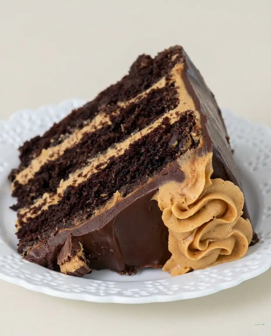 A single slice of chocolate cake with peanut butter frosting on a plate