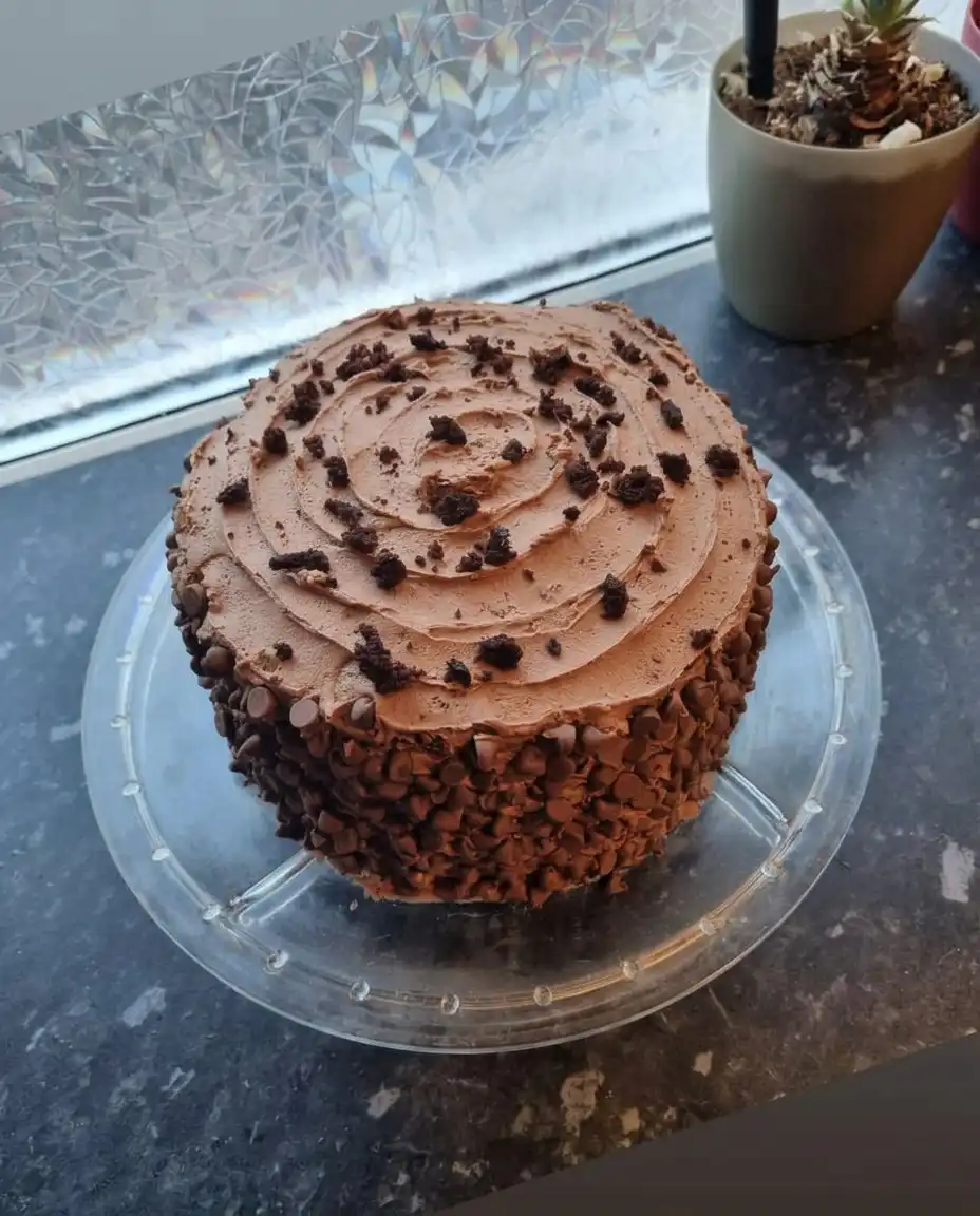A single slice of chocolate layer cake on a white plate