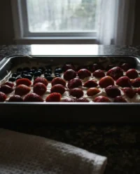 A beautiful no-bake American flag cheesecake with cherry and blueberry toppings in a rectangular pan.