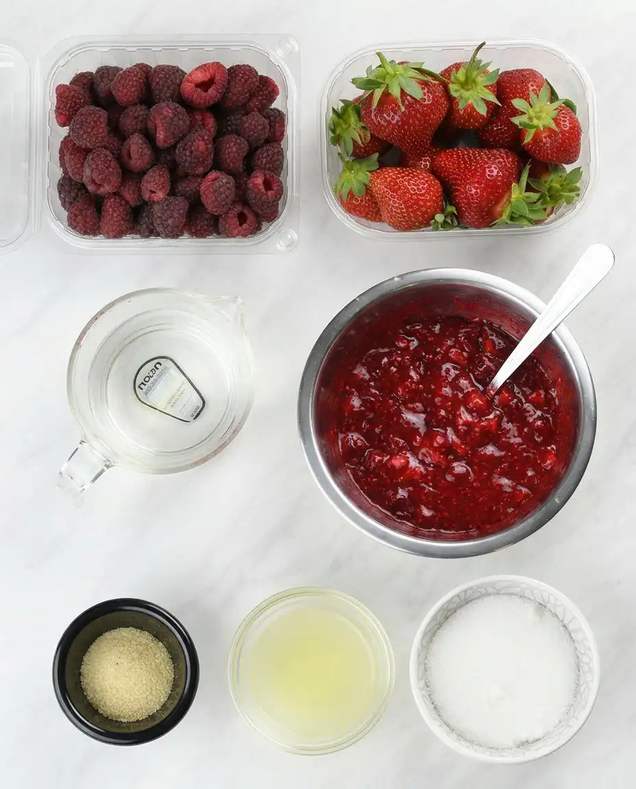 Fresh strawberries raspberries and blueberries in bowls