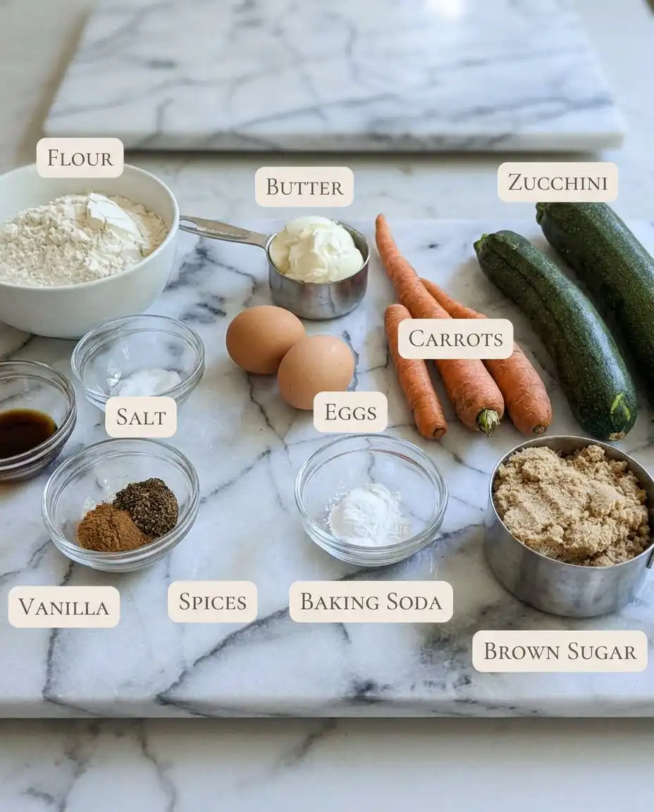 Shredded carrots and zucchini next to bowls of flour and spices