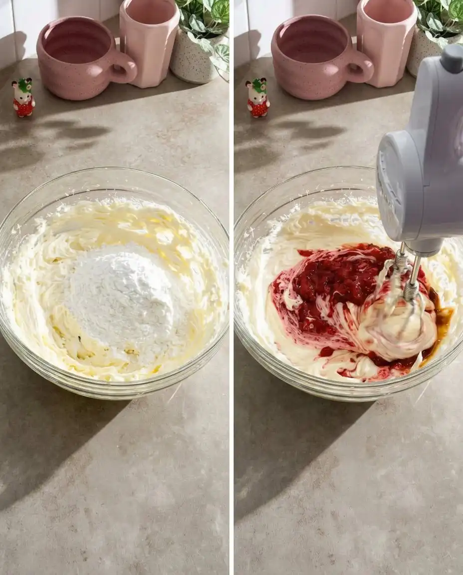 Bowls of cocoa powder, flour, sugar, and fresh strawberries on a table.