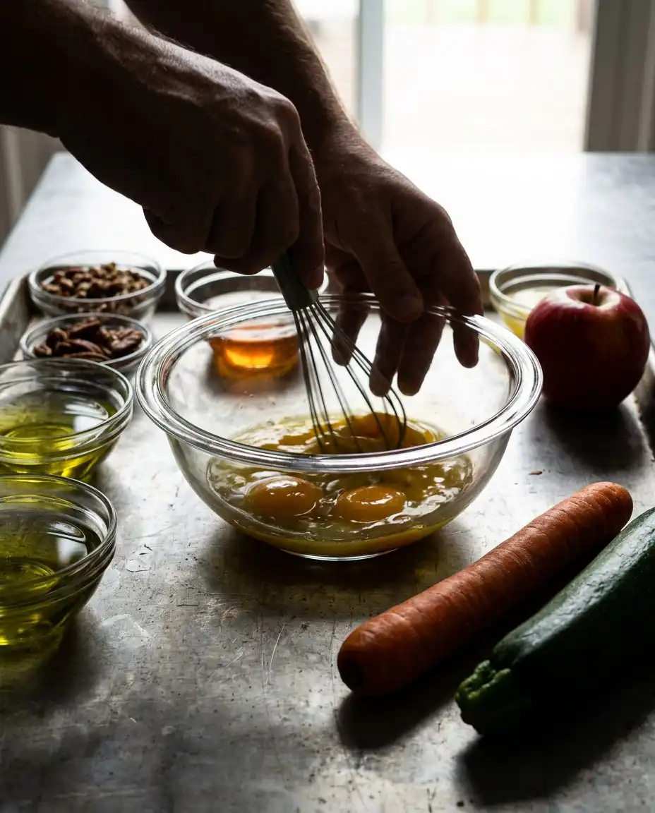 Grated zucchini carrots and apples in bowls with honey and spices
