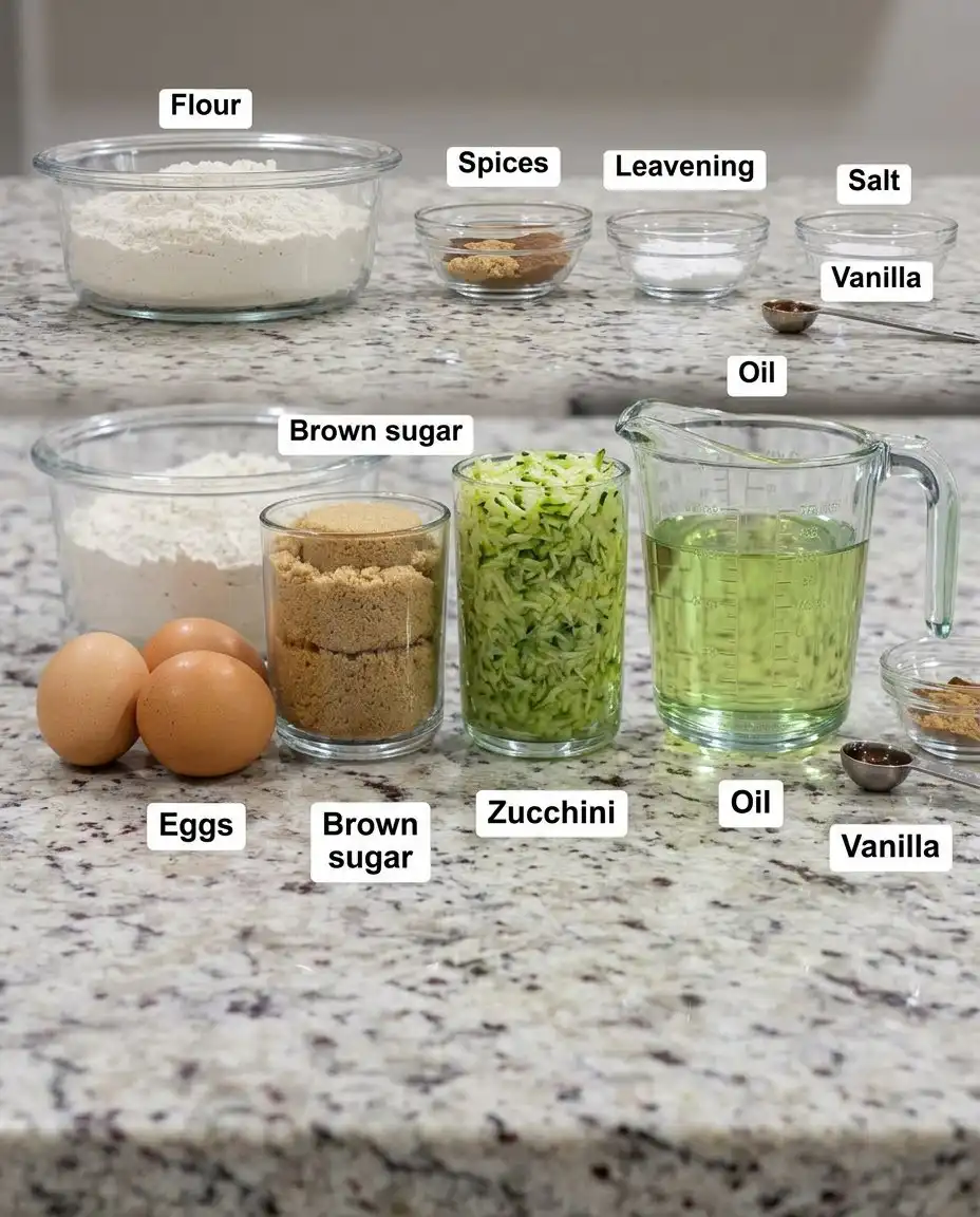 Ingredients for zucchini cake including shredded zucchini and spices
