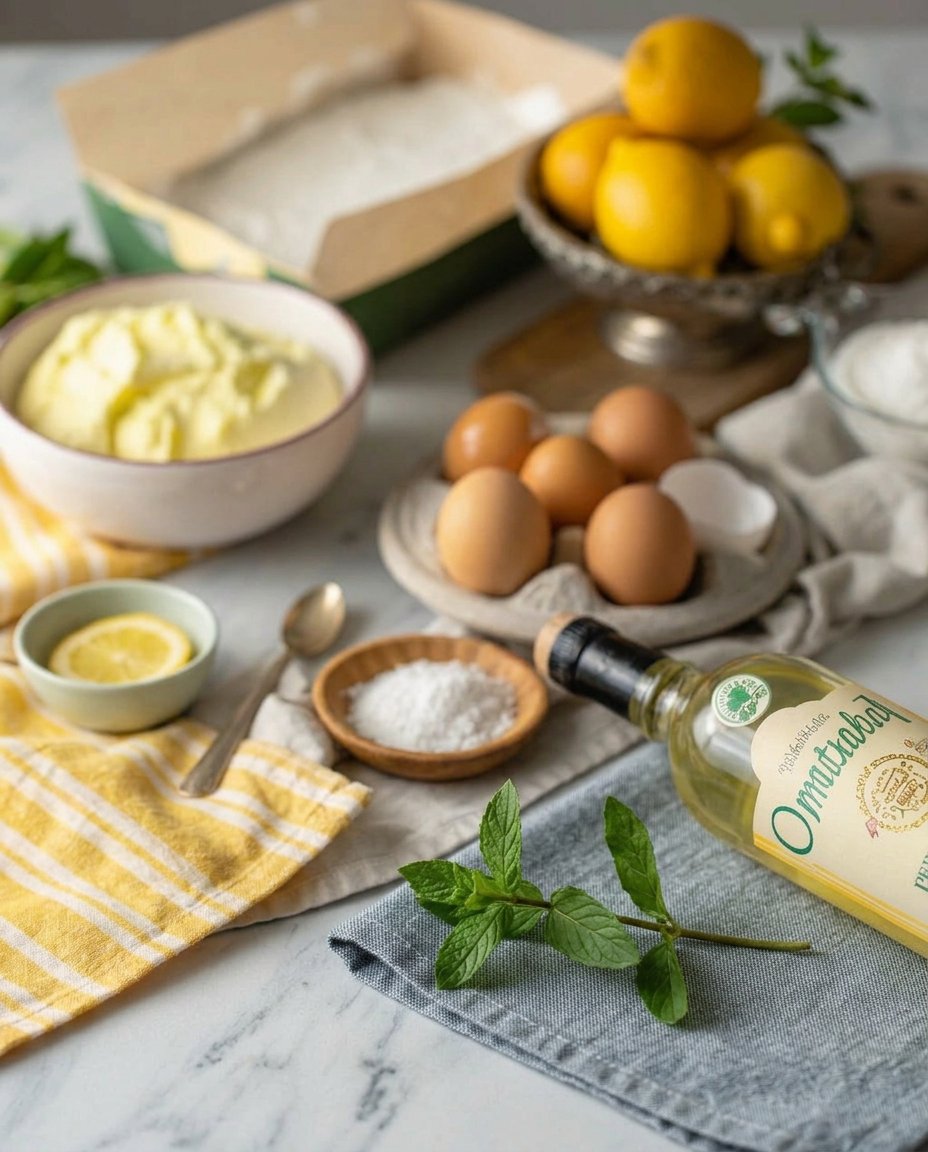 Fresh lemons, eggs, and mascarpone cheese on a kitchen counter