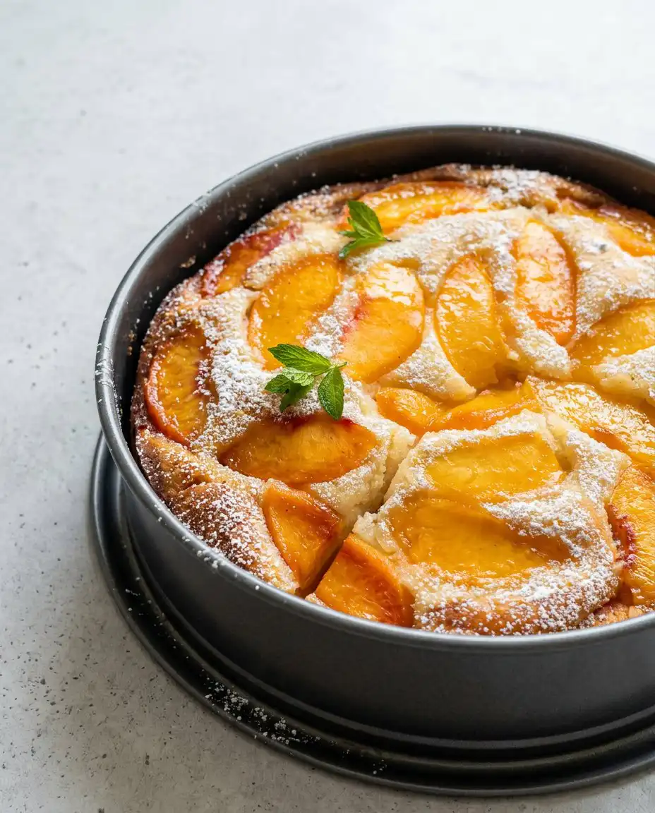 A thick slice of Fresh Peach Cake served on a plate with a cup of coffee.