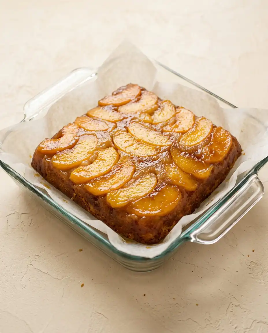 Classic Peach Upside Down Cake 12 A golden Classic Peach Upside Down Cake freshly inverted onto a white ceramic platter.