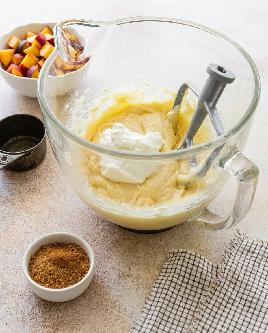 Sliced peaches, flour, sugar, and butter arranged on a kitchen counter.