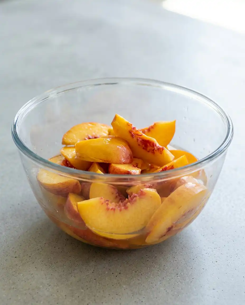 Brown Butter Fresh Peach Cake 14 Bowls of chopped peaches and liquid browned butter for a Brown Butter Fresh Peach Cake.