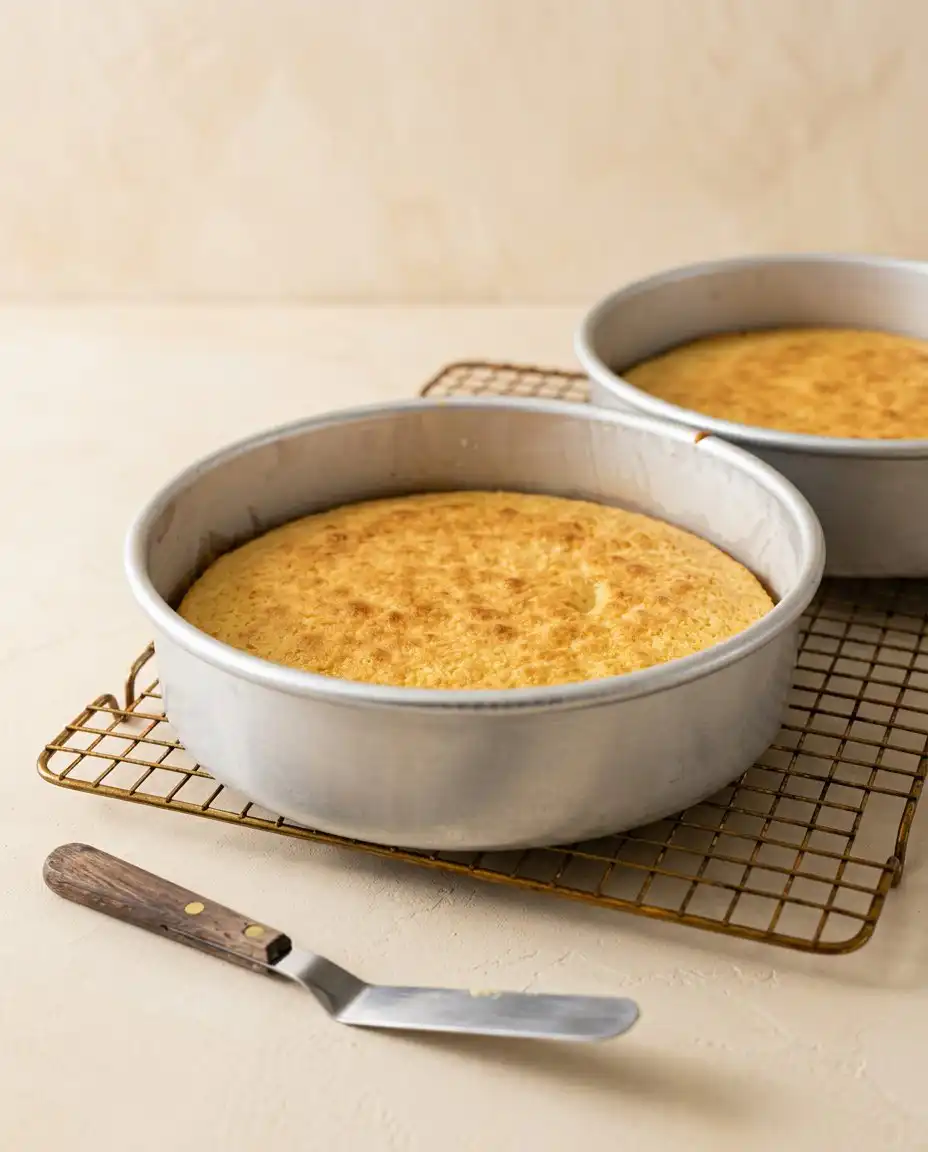 A finished Classic Two-Layer Yellow Cake with Chocolate Frosting with smooth swirls of icing.