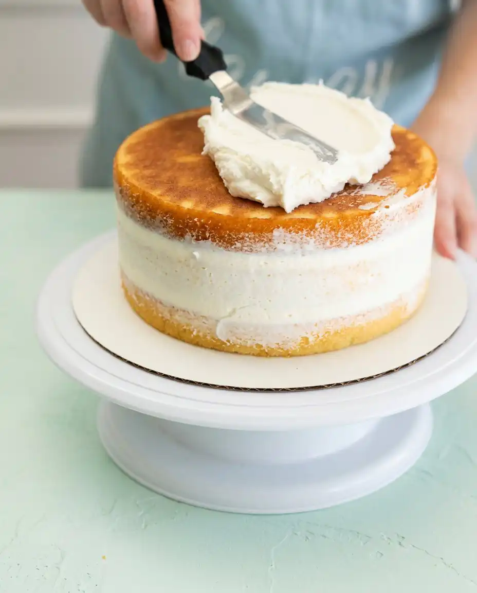 Rose Water Layer Cake 15 A person using a spatula to apply pink buttercream to a rose water layer cake.