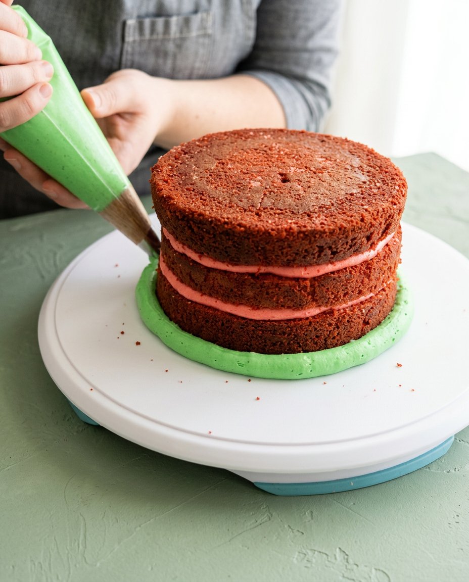 A person using a spatula to apply pink frosting to a Smash Cake Made from Watermelon.