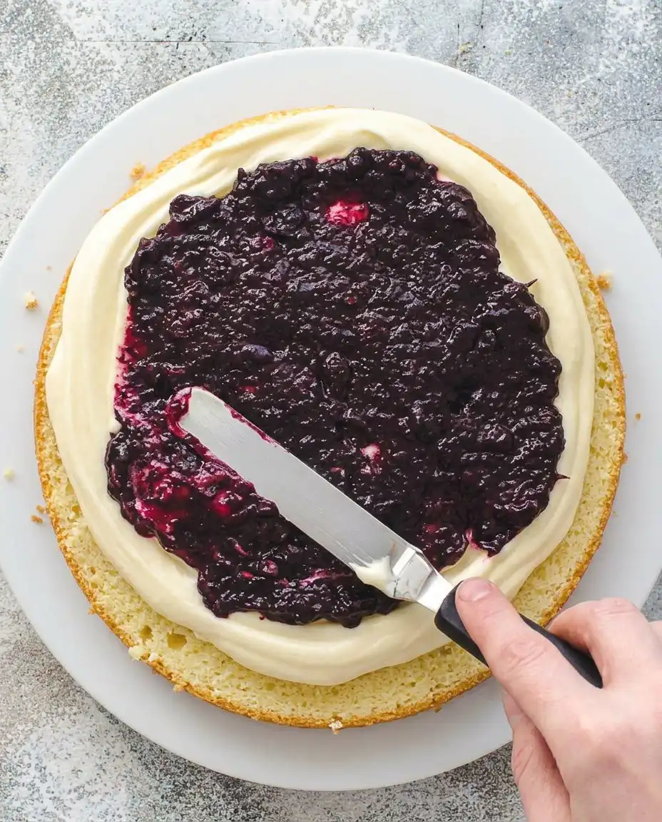 Spreading lemon cream cheese frosting on a cake layer