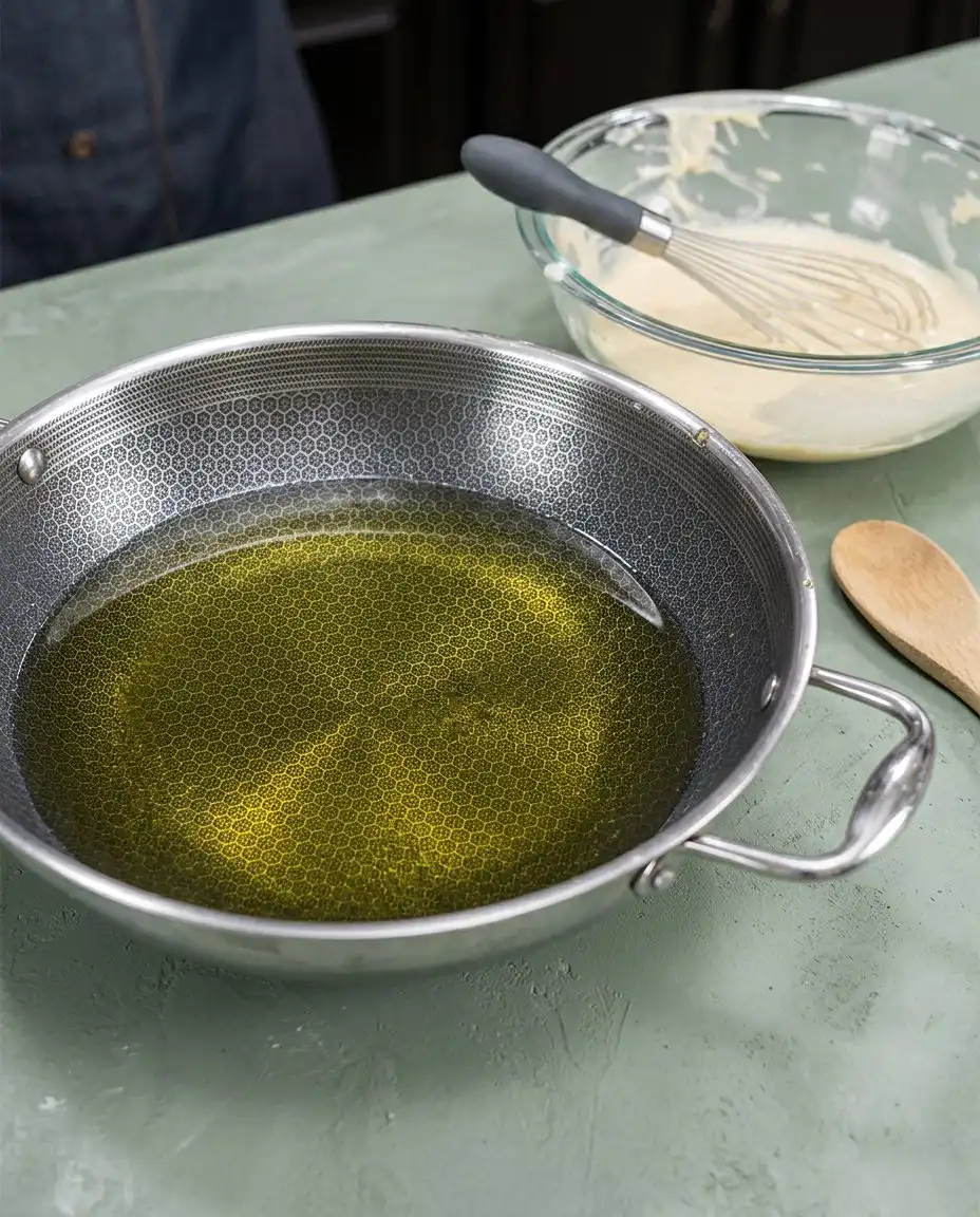 Batter being squeezed into hot oil to form a Classic Carnival Funnel Cake.