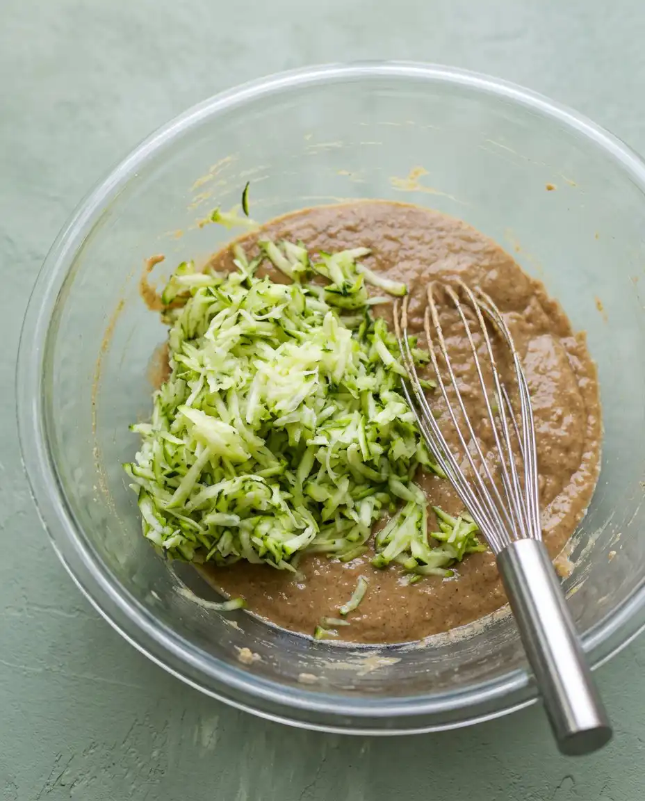 A bowl of freshly grated zucchini next to flour and cinnamon for an Old-Fashioned Zucchini Cake.