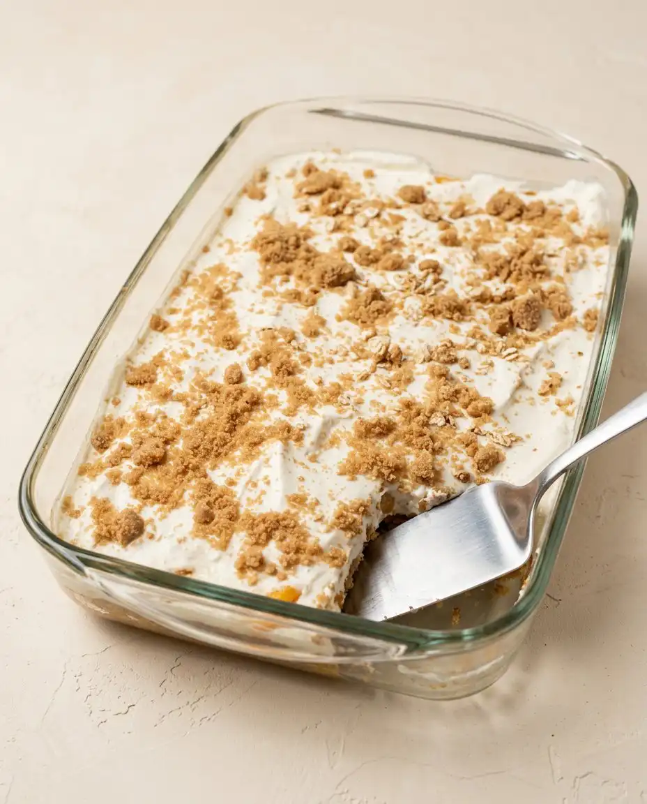 Cold butter being grated over the top of a Canned Peach Dump Cake with Yellow Cake Mix.