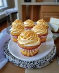 A close up shot of a honey peach cream cheese cupcake with fresh peach garnish